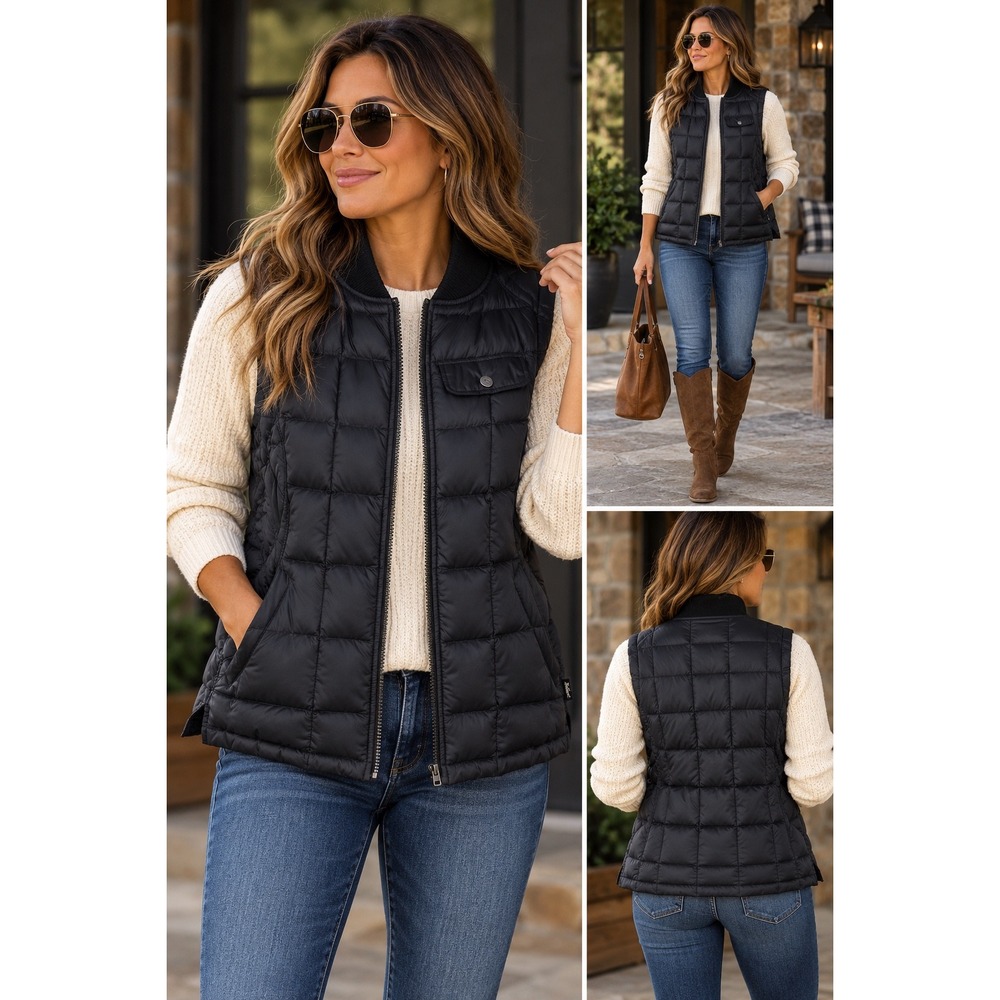 Woolrich Black Goose Down Quilted Puffer Vest Ribbed Collar Womens Medium